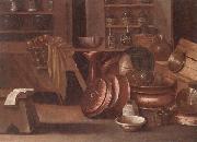 unknow artist A Kitchen still life of utensils and fruit in a basket,shelves with wine caskets beyond oil painting